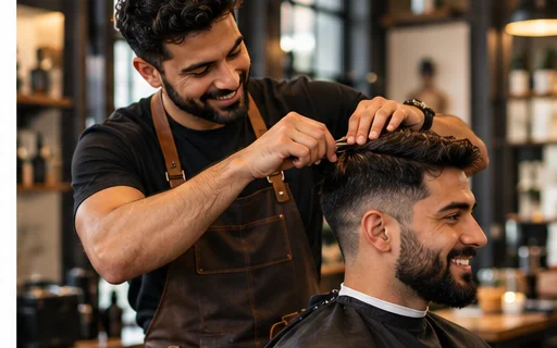 A barber serving a customer in the chair