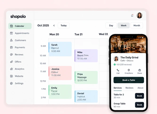 The Shopolo calendar dashboard next to a customer-facing storefront on a phone