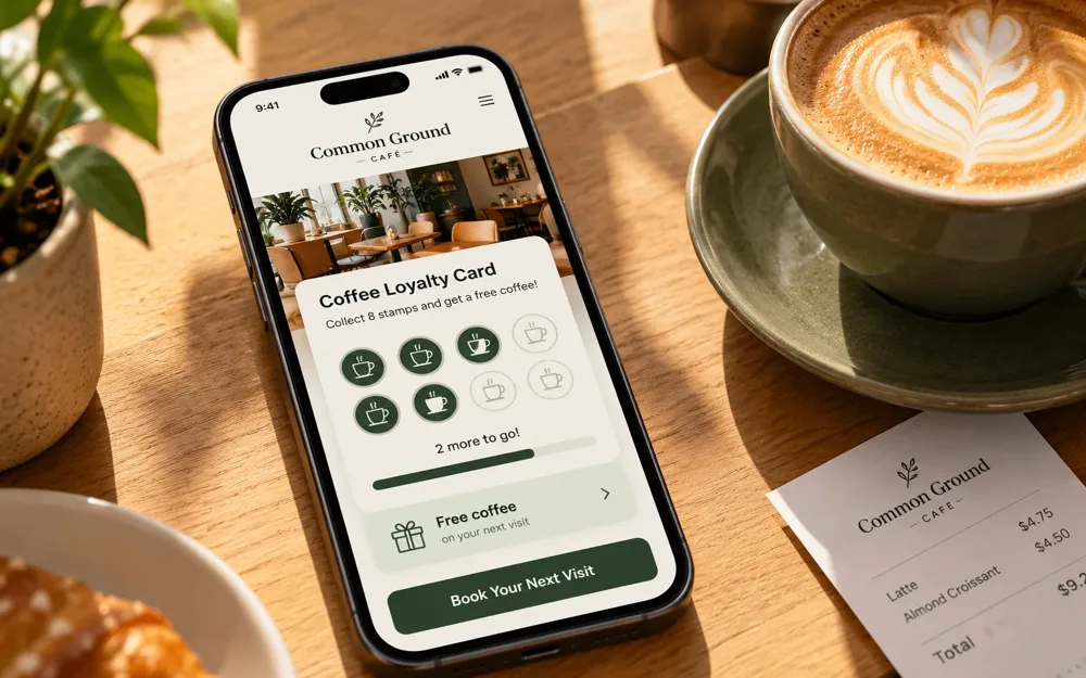 A phone showing a coffee shop's digital loyalty stamp card next to a latte