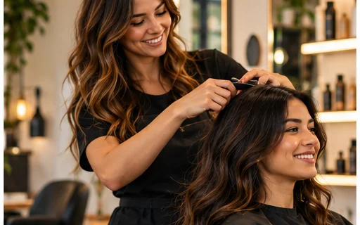 A salon stylist with a client