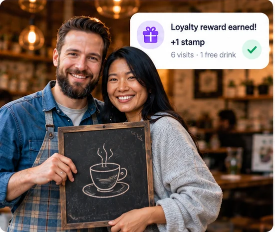 Two café owners hold up a chalkboard, with a 'Loyalty reward earned' notification